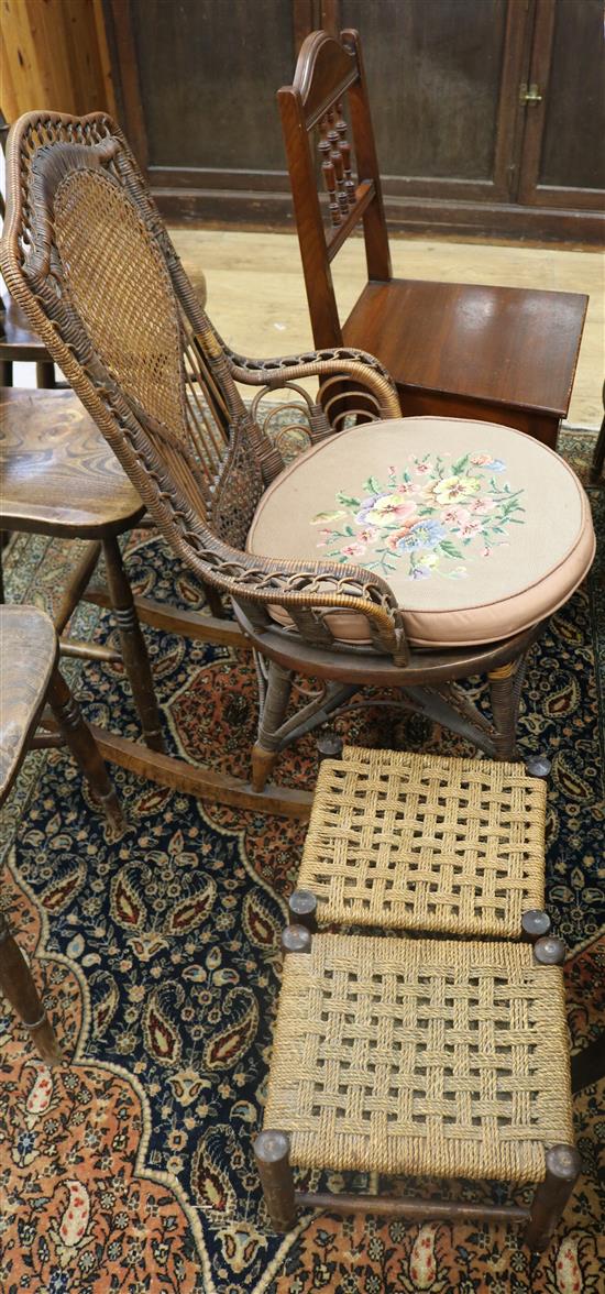 A brass inlaid rosewood chair, a wicker rocking chair, a Victorian hall chair and two stools
